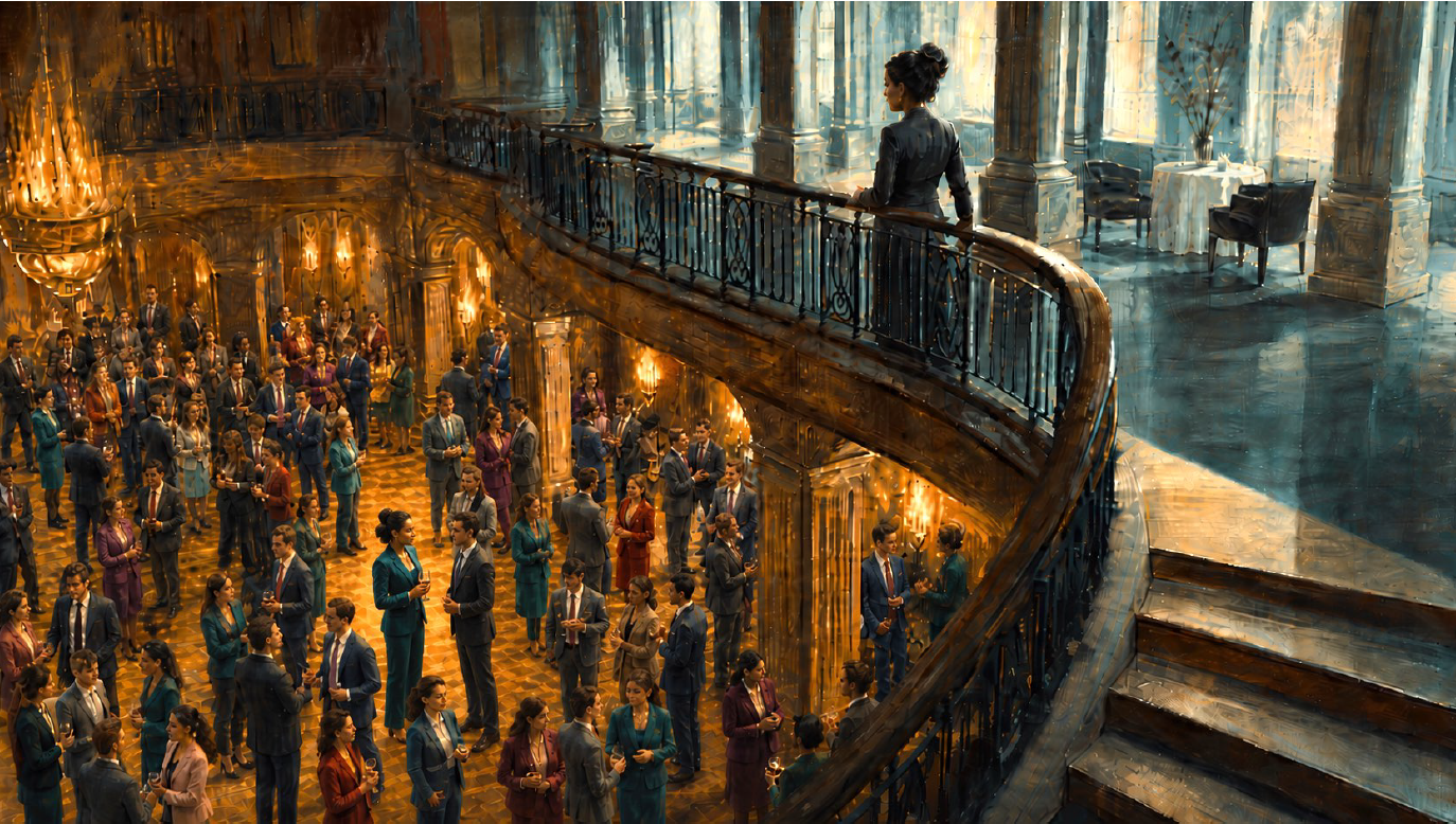 A grand, warmly lit hall filled with people in formal attire mingling below contrasts with a quiet upper balcony, where a single figure stands alone overlooking the crowd in a cooler, softly lit space.