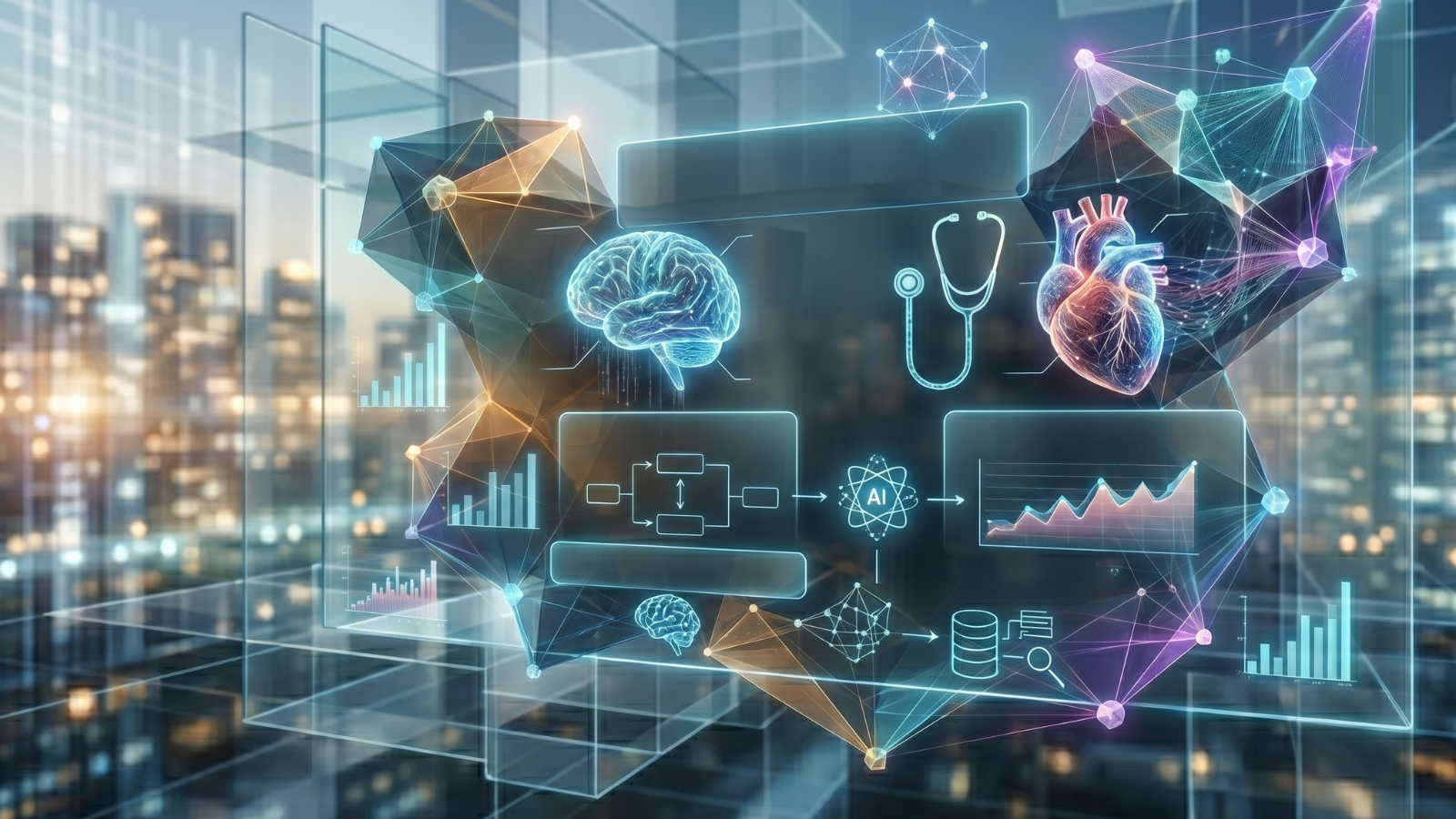 Abstract healthcare icons on a futuristic background to showcase how INSEAD GEMBA students merge AI with healthcare