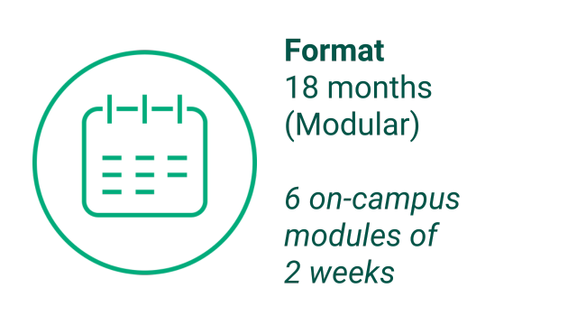 Format 18 months (Modular) 6 on-campus modules of 2 weeks