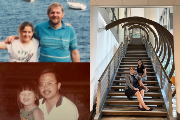 Photos of Dianne Baunbaek and Joanna Reijgersberg-Siew, INSEAD GEMBA ’19 as kids with their fathers and also a photo of both of them at the INSEAD campus.